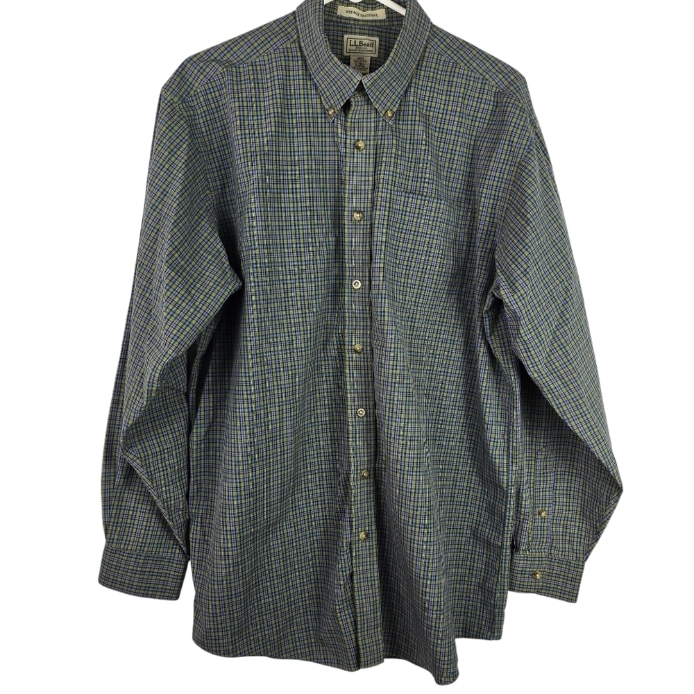 LL Bean Men's Wrinkle Resistant Blue Green Plaid 100%CottonButton-Down ShirtLT